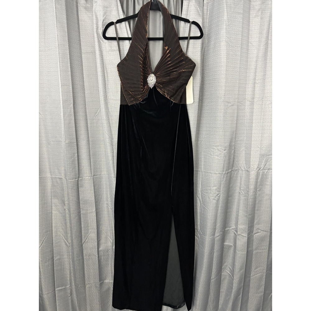 VTG Aspeed Design Velvet Maxi Slit Dress Womens L Black Bronze‎ Halter Romantic